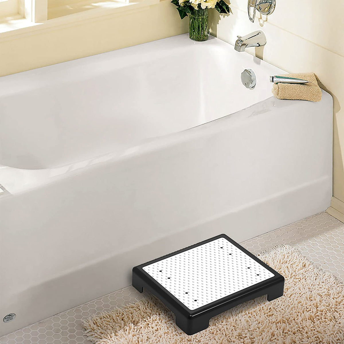 Portable Outdoor Half Step Stool Mobility Aid with Absorbent Non-Slip Grey Mat Compact 43x33cm White Base for Bath & Car