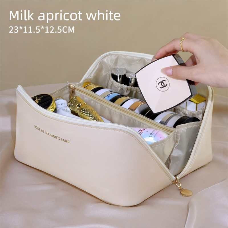 Large Capacity Travel Cosmetic Bag Portable PU Leather Pillow Pouch Waterproof Make Up Organiser Toiletry Case with Handle Apricot White