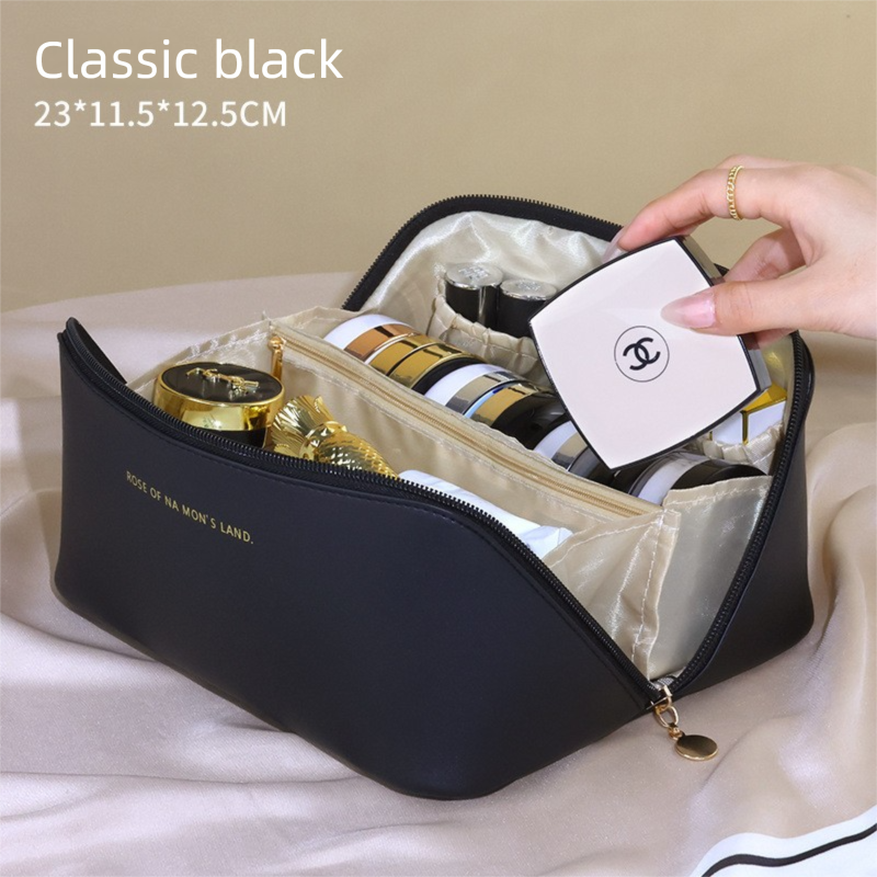 Large Capacity Travel Cosmetic Bag Portable PU Leather Pillow Pouch Waterproof Make Up Organiser Toiletry Case with Handle Classic Black