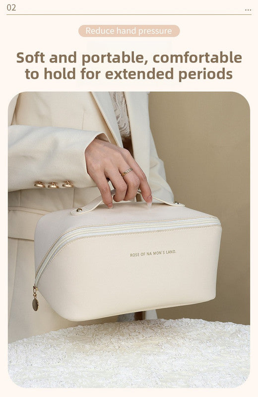 Large Capacity Travel Cosmetic Bag Portable PU Leather Pillow Pouch Waterproof Make Up Organiser Toiletry Case with Handle Classic Black