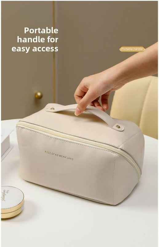 Large Capacity Travel Cosmetic Bag Portable PU Leather Pillow Pouch Waterproof Make Up Organiser Toiletry Case with Handle Mocha Brown