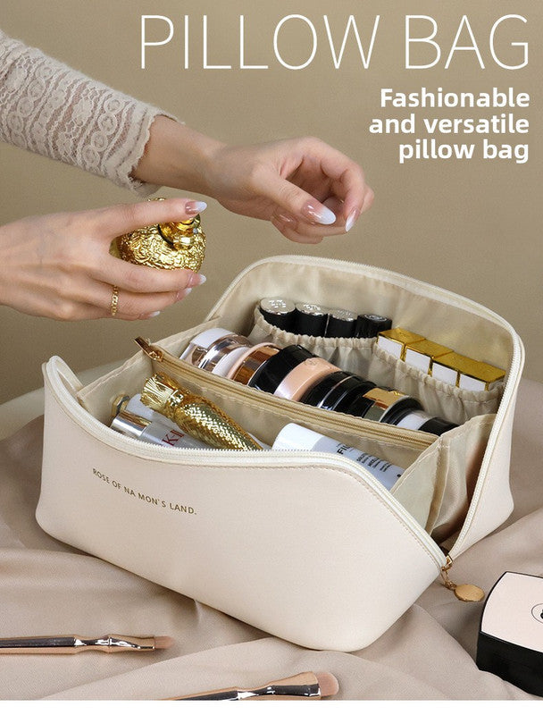 Large Capacity Travel Cosmetic Bag Portable PU Leather Pillow Pouch Waterproof Make Up Organiser Toiletry Case with Handle Mocha Brown