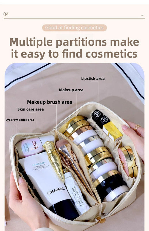 Large Capacity Travel Cosmetic Bag Portable PU Leather Pillow Pouch Waterproof Make Up Organiser Toiletry Case with Handle Rose pink