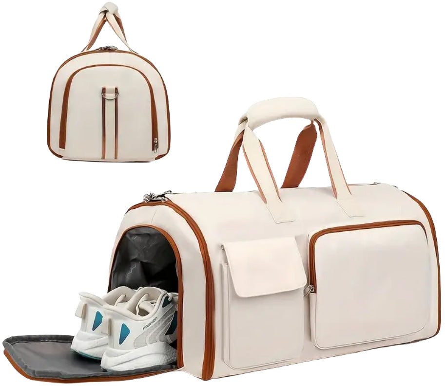 Convertible Travel Garment Bag Large Duffel Suit Carrier with Shoe Compartment & Hidden Backpack Straps Waterproof  Beige White