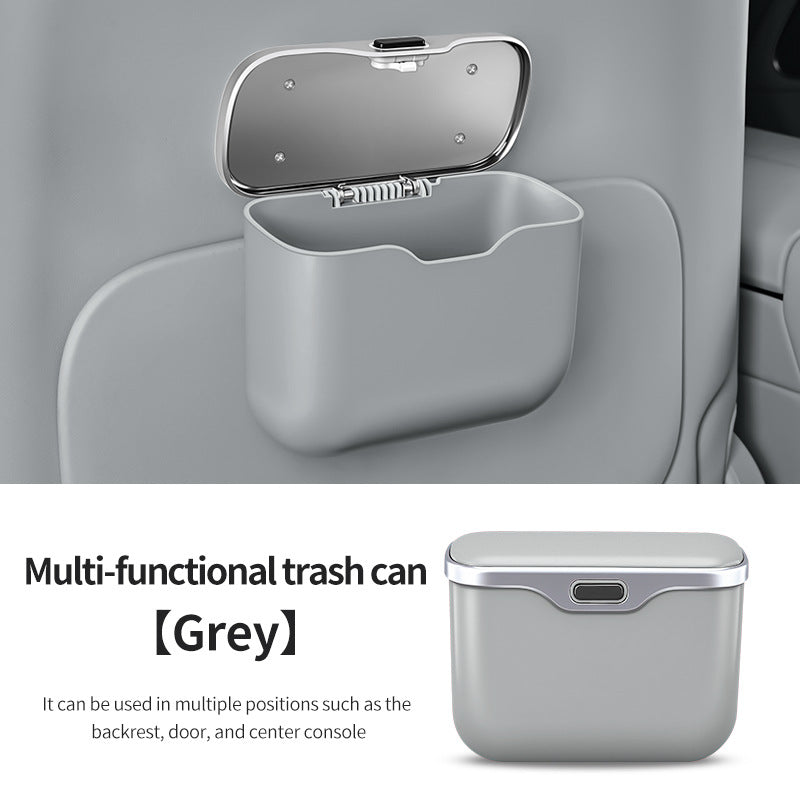 Car Trash Can Hanging Rubbish Bin with Lid Waterproof Leather Vehicle Organiser Storage Box for Door Seat Back Console Grey