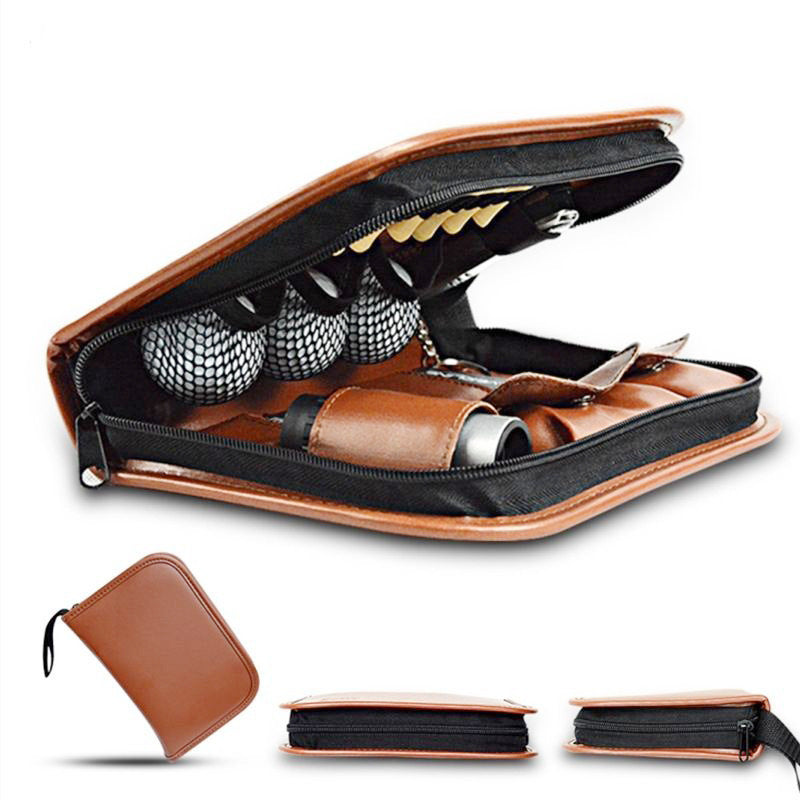 Premium PU Leather Golf Accessory Pouch Portable Zippered Organiser Bag for Tees Balls Scorecard & Tools Waterproof Travel Case Dark Brown