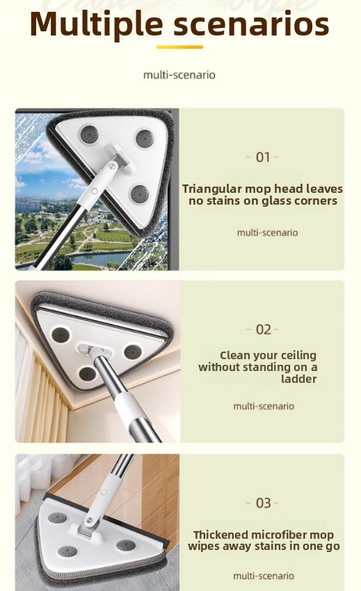 Adjustable Triangle Cleaning Mop 119cm Long Handle Window Squeegee Wall Washer Rotatable Head for Ceilings High Corners Wet Dry Use with 4 Microfibre Pads