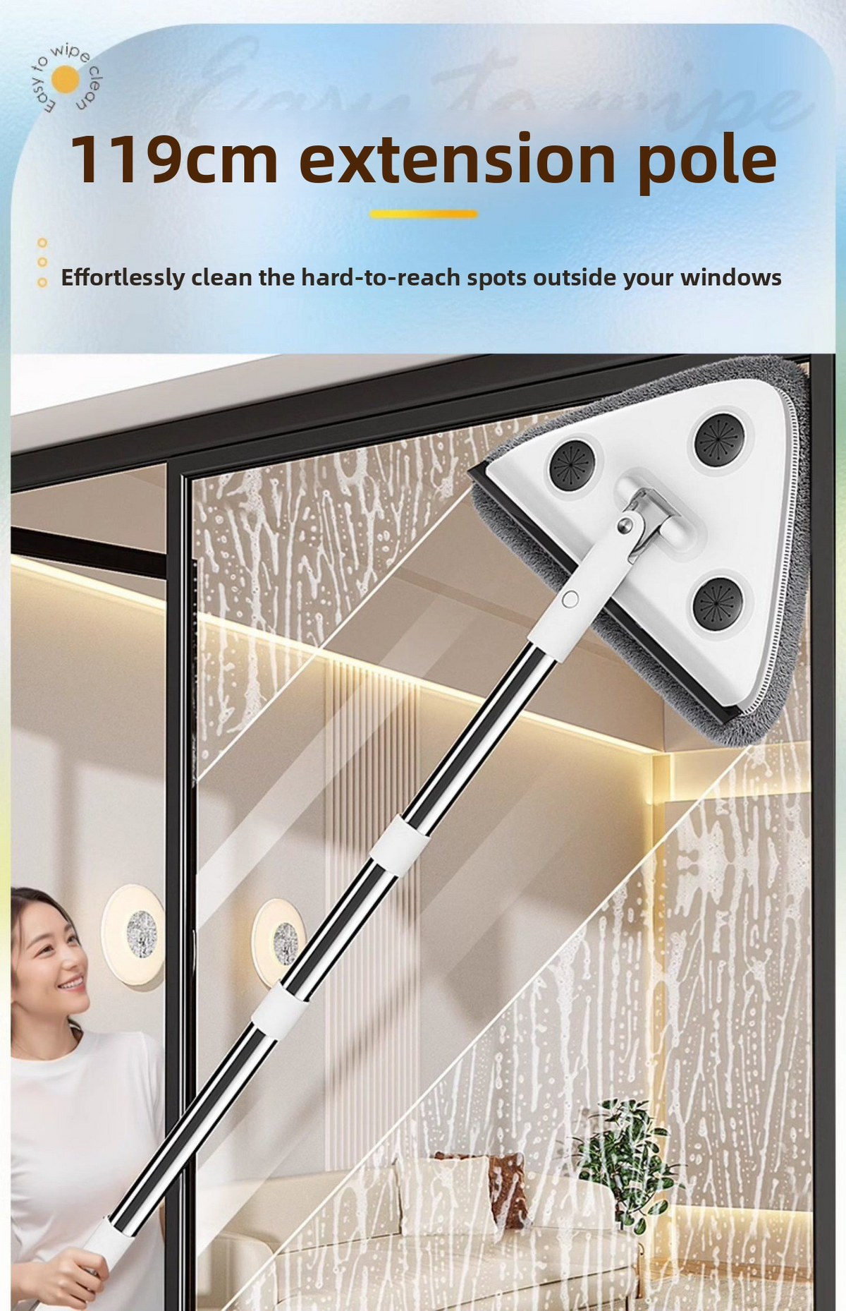 Adjustable Triangle Cleaning Mop 119cm Long Handle Window Squeegee Wall Washer Rotatable Head for Ceilings High Corners Wet Dry Use with 4 Microfibre Pads