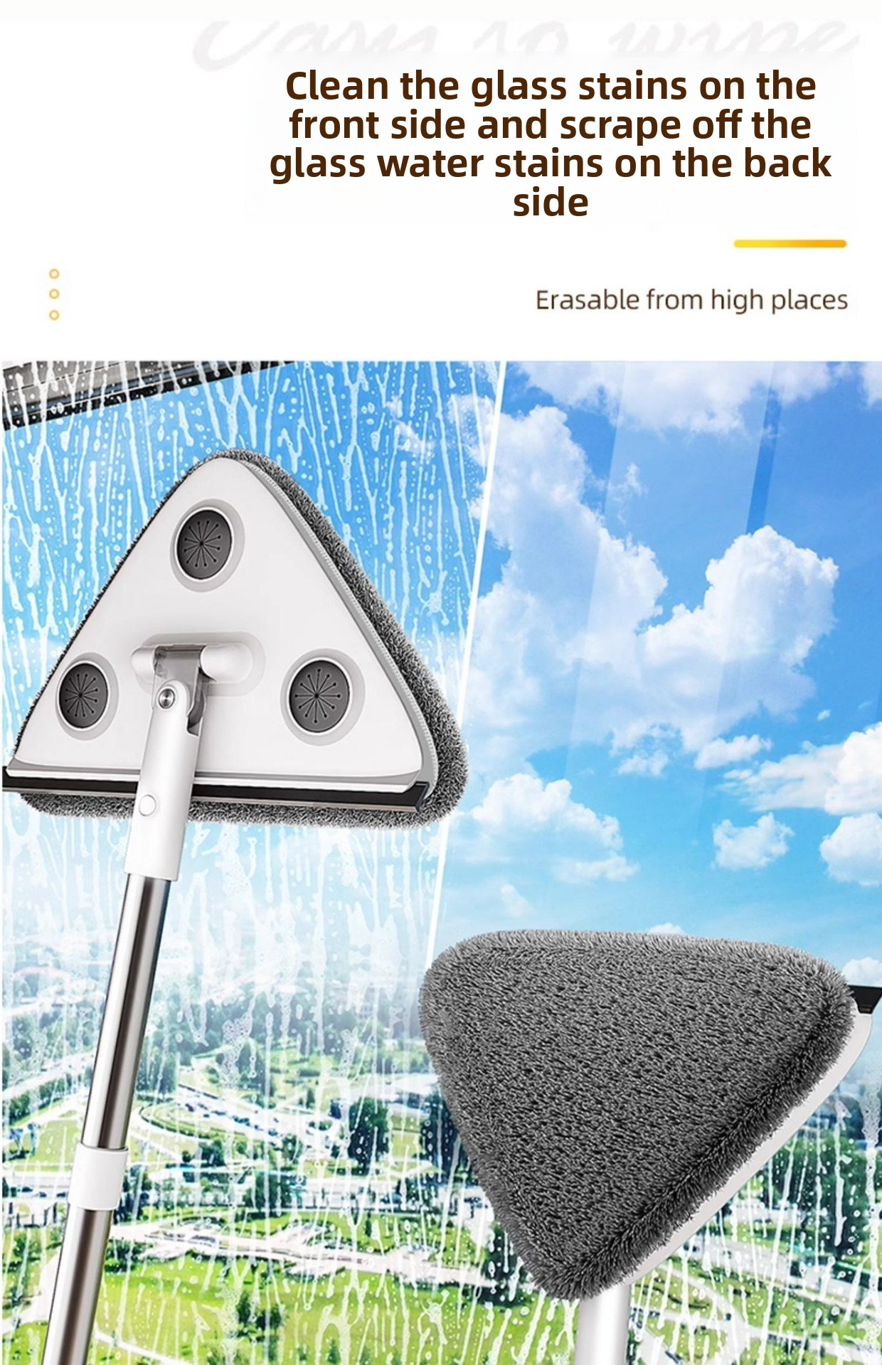 Large 35cm Triangle Cleaning Mop with Extra Long 188cm Reinforced Handle Window Squeegee & 2 Microfibre Pads for High Ceilings