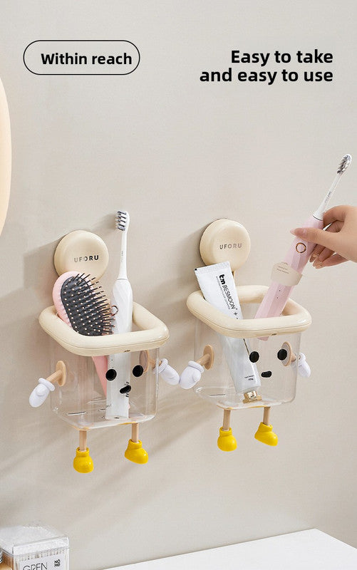 2 PCS Suction Cup Bathroom Organizer Wall Mounted Toothbrush Holder No Drill Storage Caddy with Drainage for Electric Toothbrush Razor Toothpaste Cream White