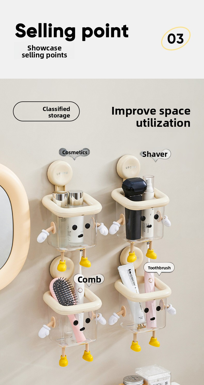 2 Pack Suction Cup Bathroom Organizer Wall Mounted Toothbrush Holder No Drill Storage Caddy with Drainage for Electric Toothbrush Razor Makeup Black & Pink