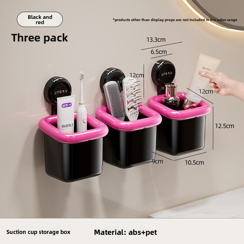 3 Pack Suction Cup Bathroom Organizer Wall Mounted Toothbrush Holder No Drill Storage Caddy with Drainage for Electric Toothbrush Razor Makeup Black &amp; Pink
