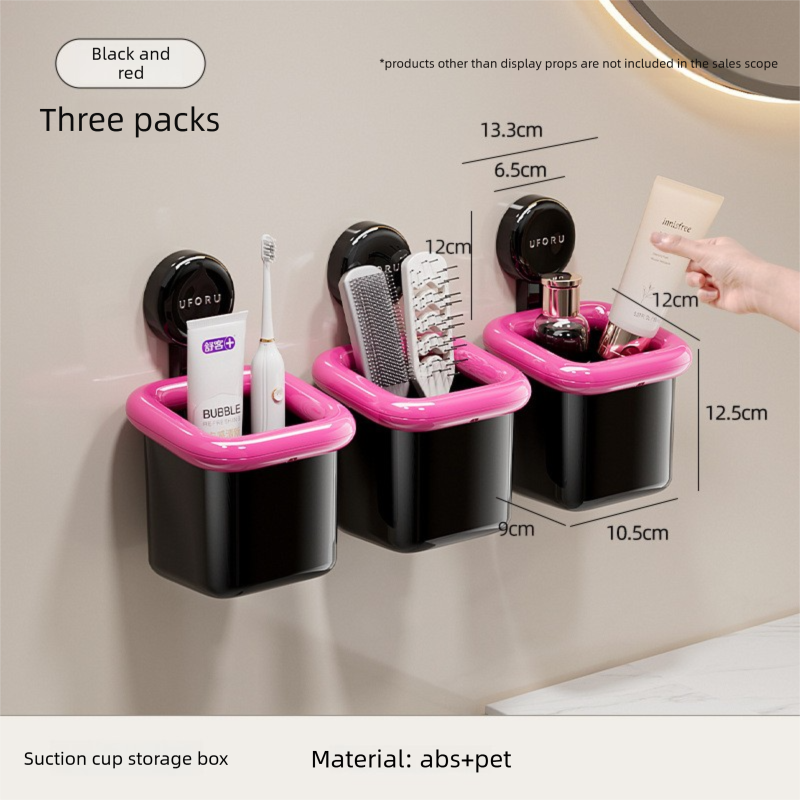 3 Pack Suction Cup Bathroom Organizer Wall Mounted Toothbrush Holder No Drill Storage Caddy with Drainage for Electric Toothbrush Razor Makeup Black &amp; Pink