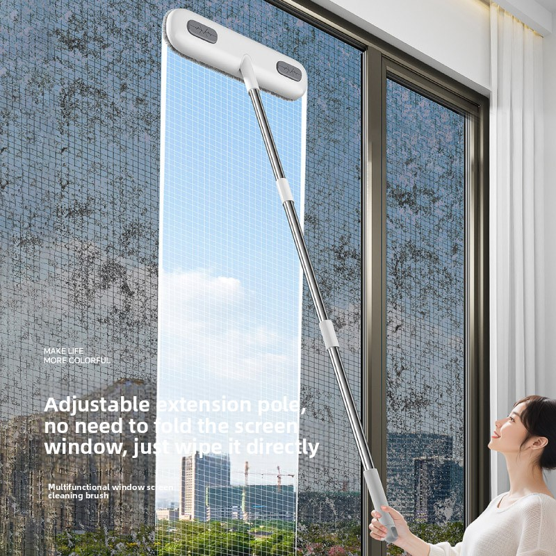 2-in-1 Window Fly Screen Cleaner Brush with Extendable 82cm Stainless Steel Handle Multifunctional Mesh Cleaning Tool for Wet and Dry Use on Glass and Carpets