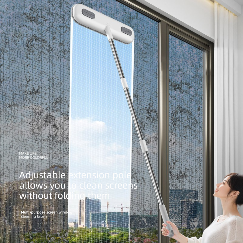 2-in-1 Window Fly Screen Cleaner Brush with Extendable 82cm Stainless Steel Handle and Wall Mount Clip Multifunctional Mesh Cleaning Tool for Wet and Dry Use