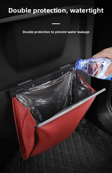 Car Trash Bag Hanging Leather Garbage Bin with Magnetic Closure Waterproof Vehicle Back Seat Organiser Leakproof Waste Storage Pocket Volcano Red