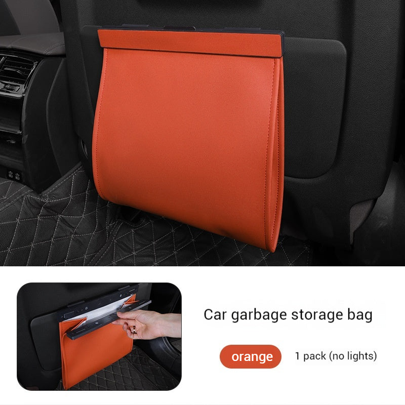 Car Trash Bag Hanging Leather Garbage Bin with Magnetic Closure Waterproof Vehicle Back Seat Organiser Leakproof Waste Storage Pocket Orange