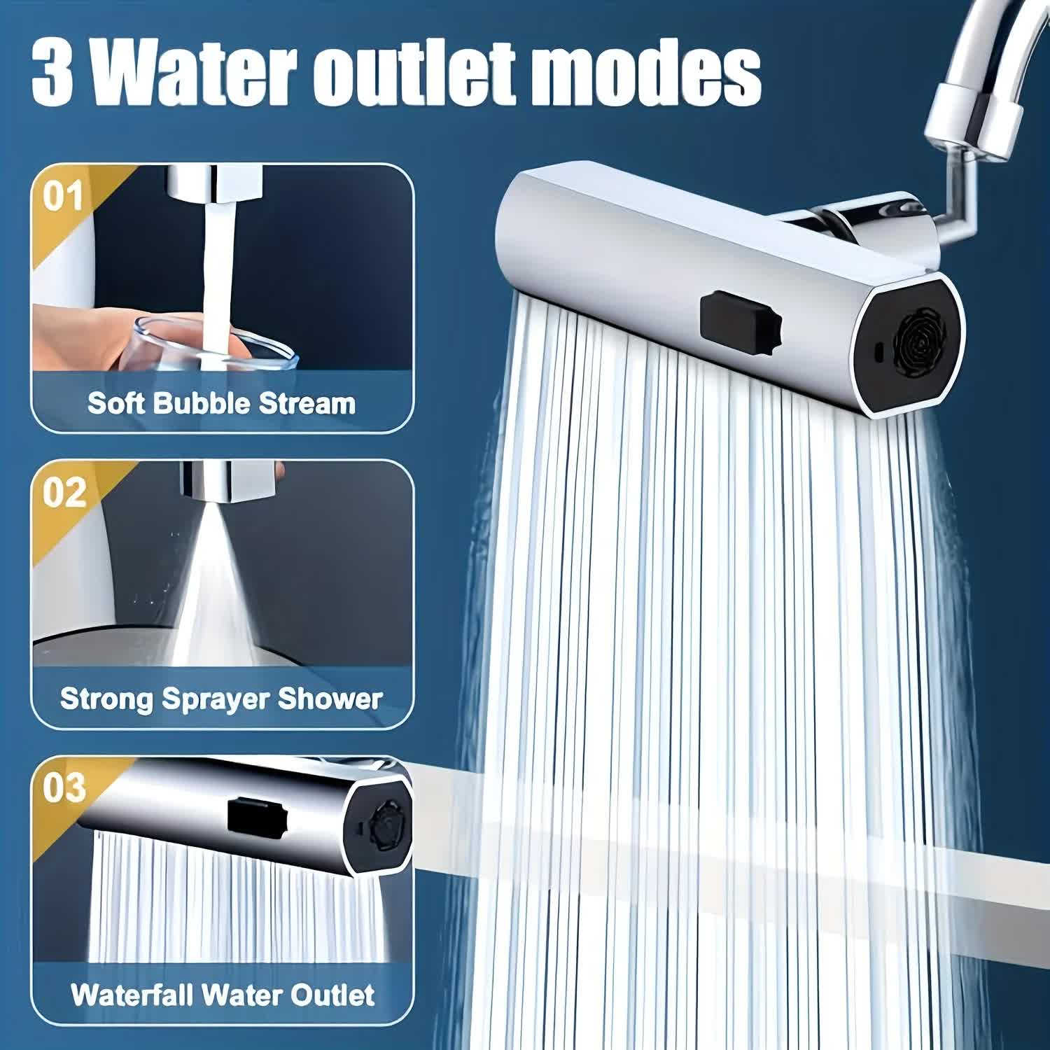 Waterfall Kitchen Tap Extender 360 Swivel Faucet Aerator Attachment 3 Spray Modes High Pressure Splash Proof Sink Nozzle with Universal Adapters Chrome Finish