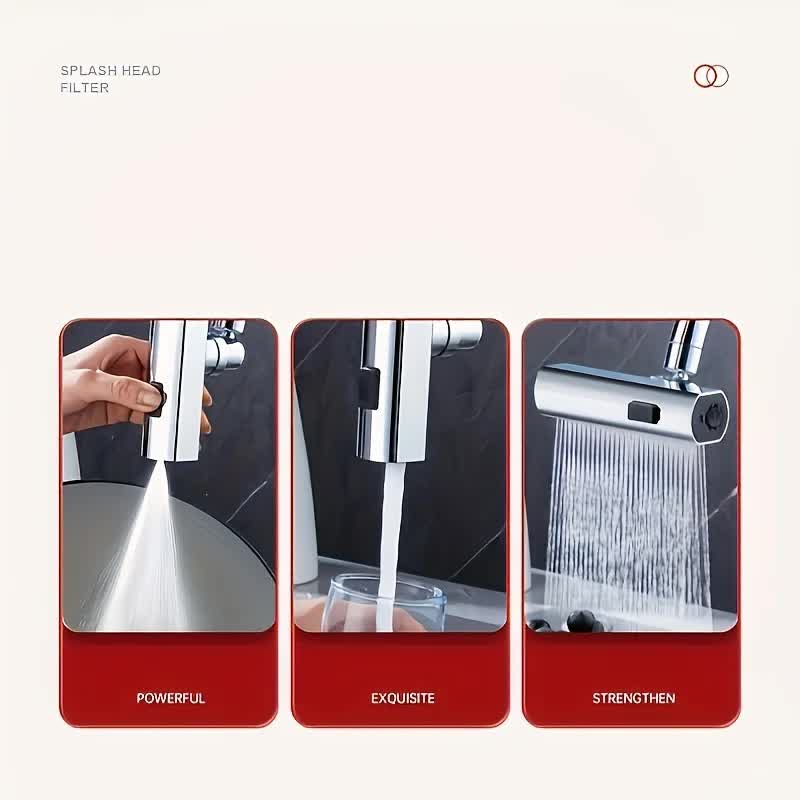 Waterfall Kitchen Tap Extender 360 Swivel Faucet Aerator Attachment 3 Spray Modes High Pressure Splash Proof Sink Nozzle with Universal Adapters Chrome Finish