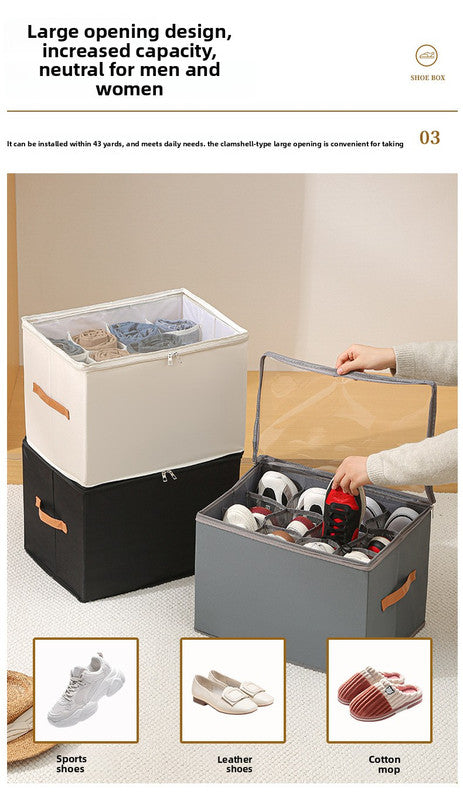Foldable Shoe Storage Box with Clear Lid 12 Compartment Wardrobe Organiser for Sneakers Flat Sandals 600D Oxford Fabric Container with Handles Beige