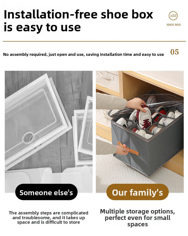 Extra Large Foldable Shoe Storage Box 16 Compartments with Side Pockets Clear Lid Wardrobe Organiser for Sneakers Socks 43cm Square Cube Black