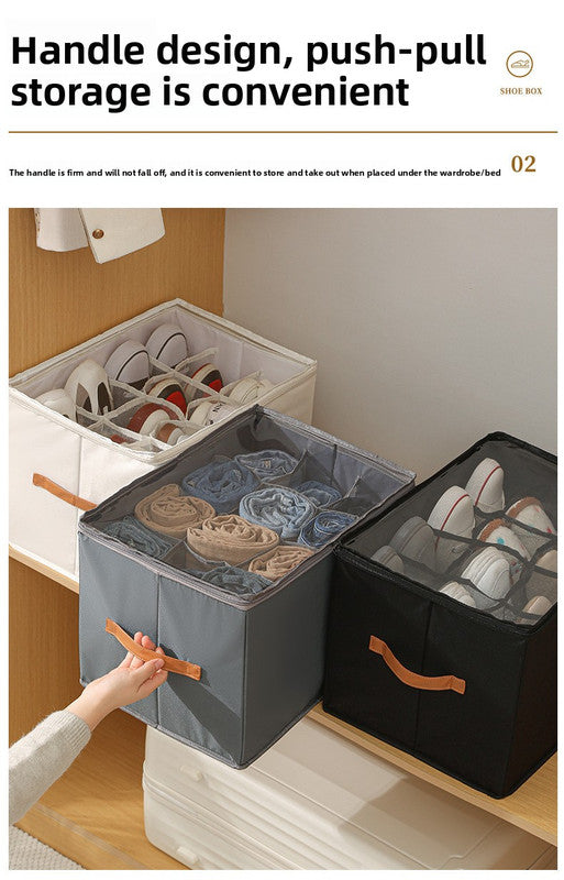 Extra Large Foldable Shoe Storage Box 16 Compartments with Side Pockets Clear Lid Wardrobe Organiser for Sneakers Socks 43cm Square Cube Grey