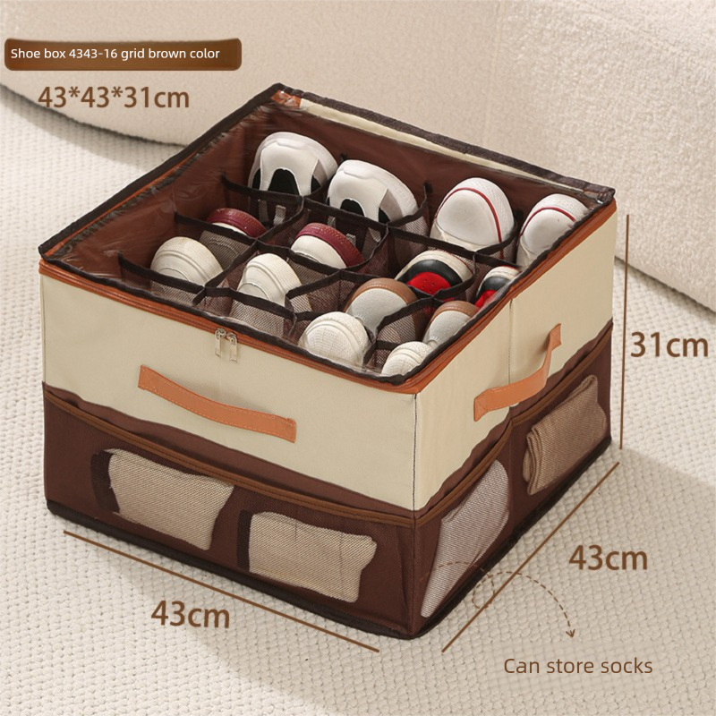 Extra Large Foldable Shoe Storage Box 16 Compartments with Side Pockets Clear Lid Wardrobe Organiser for Sneakers Socks 43cm Square Cube Coffee