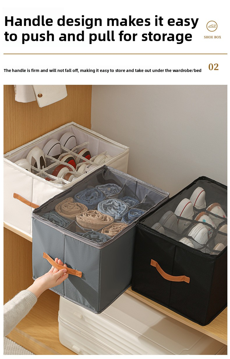 Premium Heavy Duty Shoe Storage Box 16 Grids Beige 43cm Cube Foldable Fabric Wardrobe Organiser with Label Holder and Side Pockets