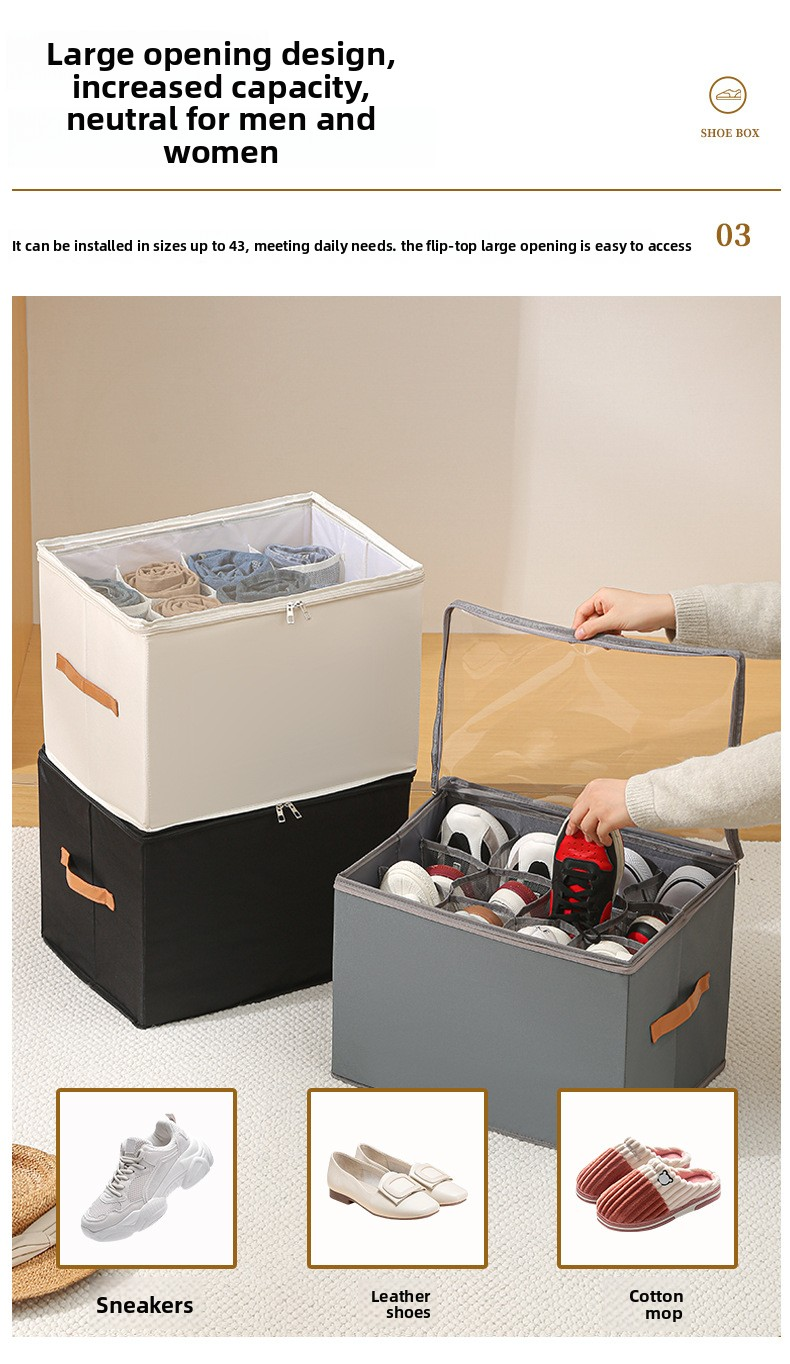 Premium Heavy Duty Shoe Storage Box 16 Grids Beige 43cm Cube Foldable Fabric Wardrobe Organiser with Label Holder and Side Pockets