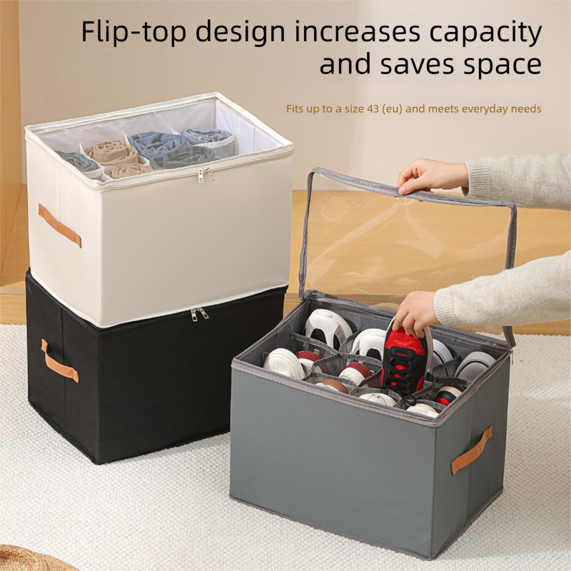 Premium Heavy Duty Shoe Storage Box 16 Grids 43cm Cube Foldable Fabric Wardrobe Organiser with Label Holder and Side Pockets Grey
