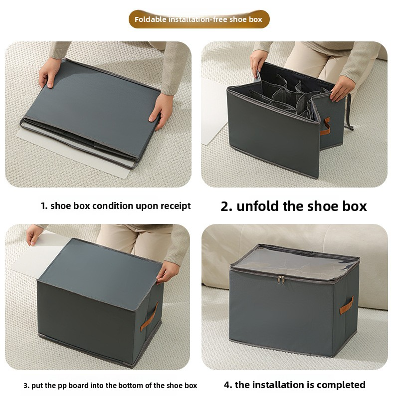 Premium Heavy Duty Shoe Storage Box 16 Grids 43cm Cube Foldable Fabric Wardrobe Organiser with Label Holder and Side Pockets Grey