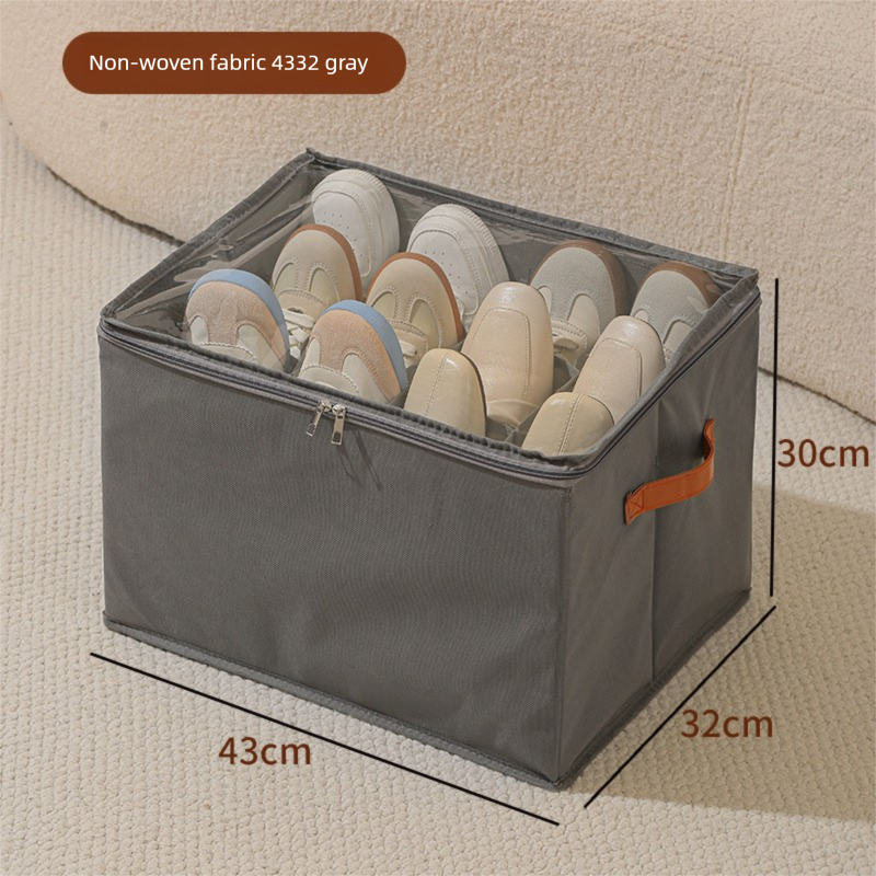 Foldable Shoe Storage Box 12 Compartments Breathable Non-Woven Fabric Wardrobe Organiser with Clear Lid Lightweight Shoe Container Grey 43cm