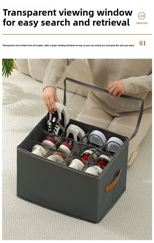 Foldable Shoe Storage Box 12 Compartments Breathable Non-Woven Fabric Wardrobe Organiser with Clear Lid Lightweight Shoe Container Grey 43cm