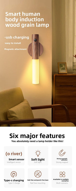 Brown Wood Grain Motion Sensor Night Light LED Rechargeable Magnetic Stick Wall Lamp Wireless Smart Batten Light for Hallway Staircase Bedroom Warm White