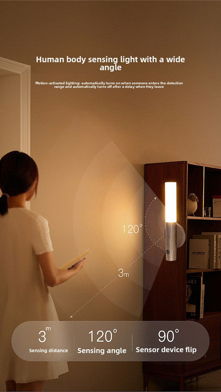 Yellow Wood Grain Motion Sensor Night Light LED Rechargeable Magnetic Stick Wall Lamp Smart Wireless Batten for Hallway Staircase Natural Ash Style Warm White