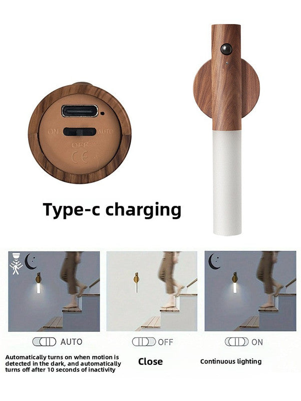 Yellow Wood Grain Motion Sensor Night Light LED Rechargeable Magnetic Stick Wall Lamp Smart Wireless Batten for Hallway Staircase Natural Ash Style Warm White