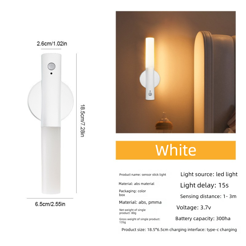 White Motion Sensor Night Light LED Rechargeable Magnetic Stick Wall Lamp Smart Wireless Batten for Hallway Staircase Nursery Warm White