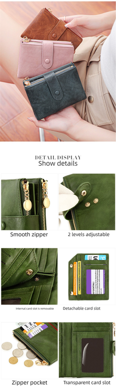 Ladies Compact Wallet Soft Vegan Leather Tri-Fold Purse Double Zipper Coin Pocket with Removable Card Holder High Capacity Multi Slots Green