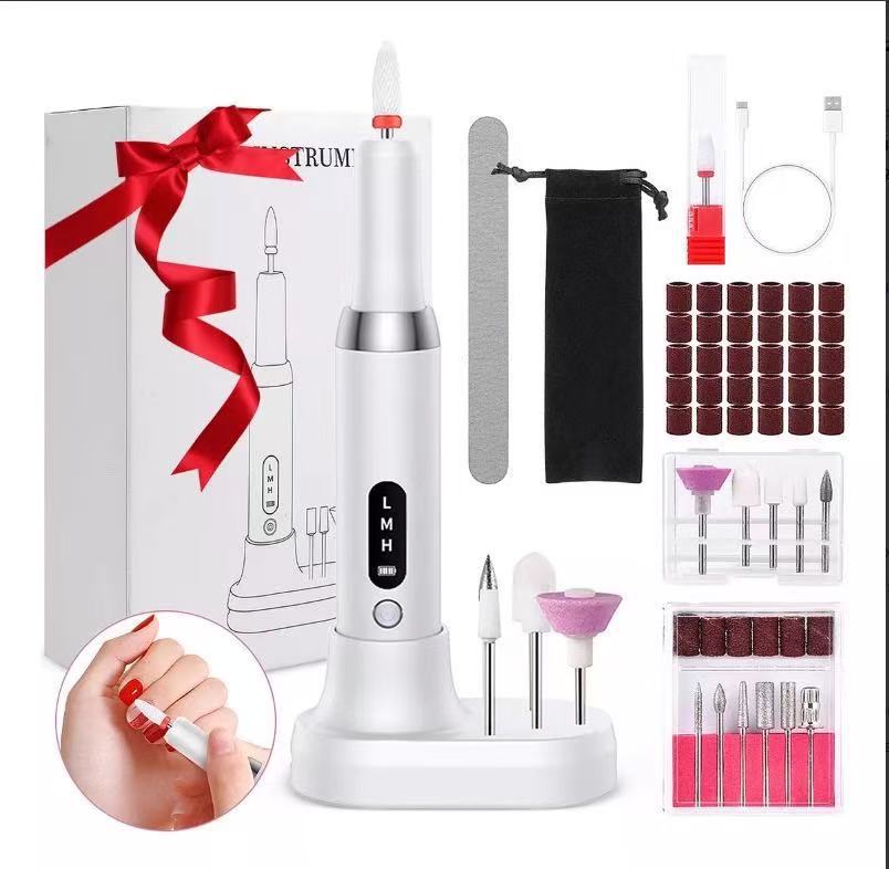 Electric Nail Drill Kit Cordless Portable E-File with Charging Base &amp; LED Display White Gift Set Includes 30 Sanding Bands Nail File Pouch for Gel Acrylic Removal