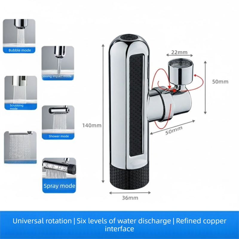 Universal Kitchen Tap Extender 6 Spray Modes with Waterfall Effect 360 Degree Swivel Faucet Aerator Head Anti-Splash Nozzle Attachment Brass Interface for Sink Washing Up