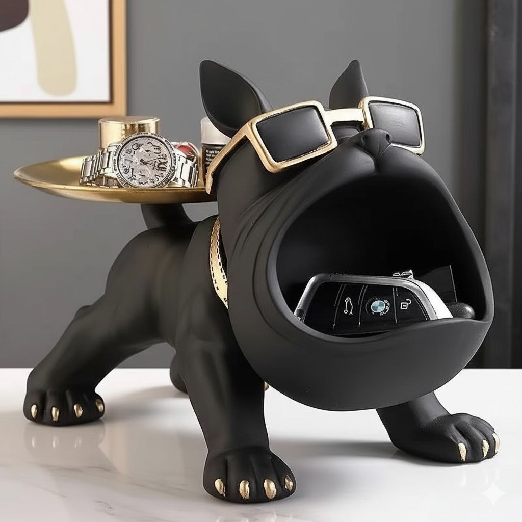 Cool French Bulldog Statue Storage Tray Black Resin Dog Figurine Key Bowl and Candy Organiser with Open Mouth Design for Entryway Table Home Decor