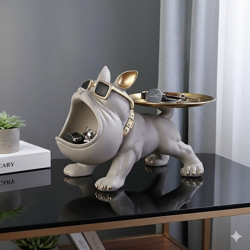Cool French Bulldog Statue Storage Tray Dark Green Resin Dog Figurine Key Bowl and Candy Organiser with Open Mouth Design for Entryway Table Home Decor