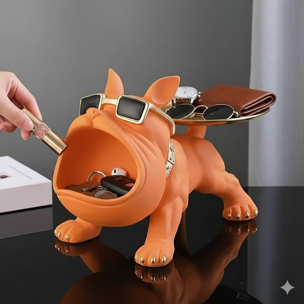 Cool French Bulldog Statue Storage Tray Dark Green Resin Dog Figurine Key Bowl and Candy Organiser with Open Mouth Design for Entryway Table Home Decor
