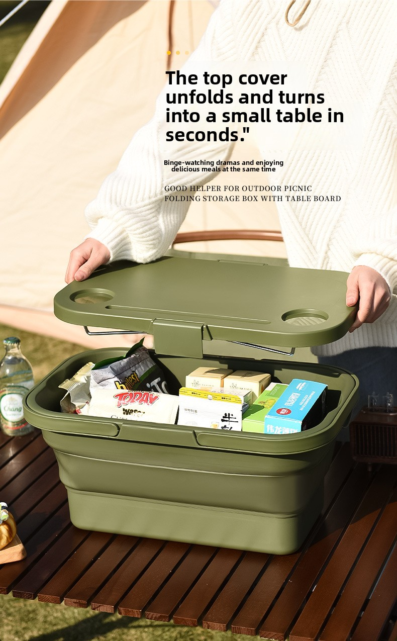 Collapsible Picnic Basket with Mini Table Lid Portable Folding Storage Crate with Cup Holders and Phone Stand Multi-Functional Outdoor Camping Sink Basin Khaki