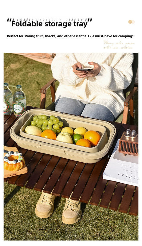 Collapsible Picnic Basket with Mini Table Lid Portable Folding Storage Crate with Cup Holders and Phone Stand Multi-Functional Outdoor Camping Sink Basin Khaki