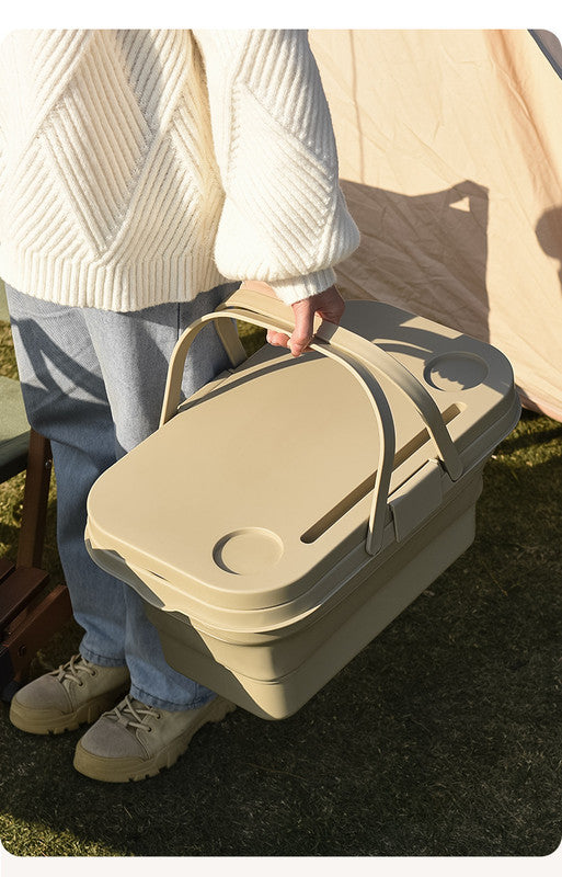 Collapsible Picnic Basket with Mini Table Lid Portable Folding Storage Crate with Cup Holders and Phone Stand Multi-Functional Outdoor Camping Sink Basin Khaki
