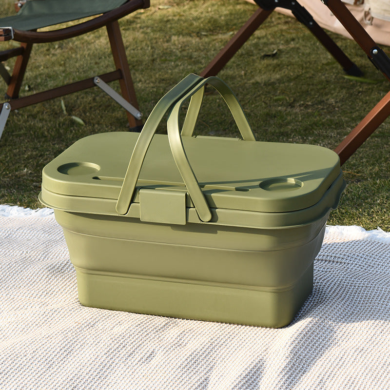 Collapsible Picnic Basket with Mini Table Lid Portable Folding Storage Crate with Cup Holders and Phone Stand Multi-Functional Outdoor Camping Sink Basin Green