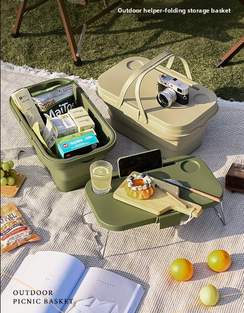 Collapsible Picnic Basket with Mini Table Lid Portable Folding Storage Crate with Cup Holders and Phone Stand Multi-Functional Outdoor Camping Sink Basin Green