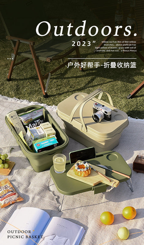 Collapsible Picnic Basket with Mini Table Lid Portable Folding Storage Crate with Cup Holders and Phone Stand Multi-Functional Outdoor Camping Sink Basin Green