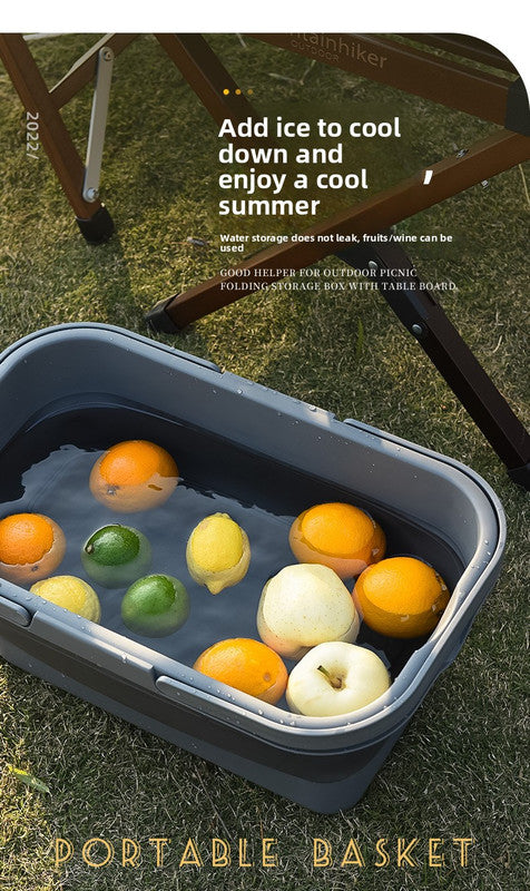 Collapsible Picnic Basket with Mini Table Lid Portable Folding Storage Crate with Cup Holders and Phone Stand Multi-Functional Outdoor Camping Sink Basin Green